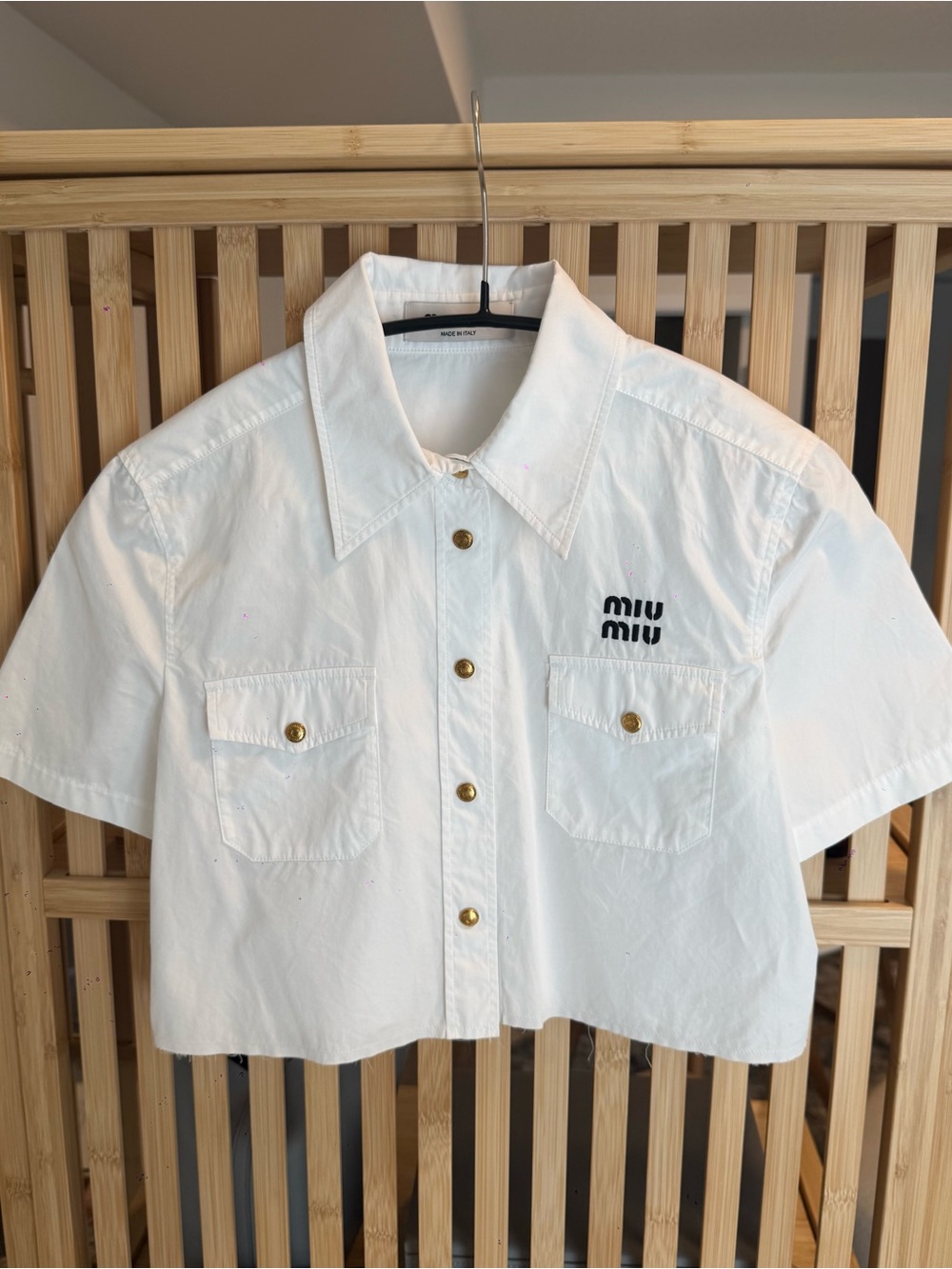 Miu Miu White poplin Short-Sleeve Cropped Button Shirt